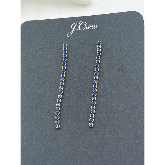 J. Crew Beautiful Blue Crystal Linear Dangle Gold Tone Earrings New - Picture 7 of 9